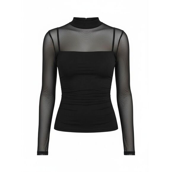 LILLUSORY Sheer Mesh Mock Neck Lace Long Sleeve Top LG - Picture 2 of 4